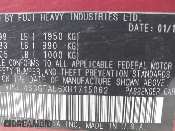 2017 Subaru Impreza Special Sports с VIN 4S3GTAL6XH1715062, выставлен на аукционе IAAI как лот 42356174 с пробегом 135 385 миль миль и . История ставок и продаж доступна на DreamBid. Изображение 9.