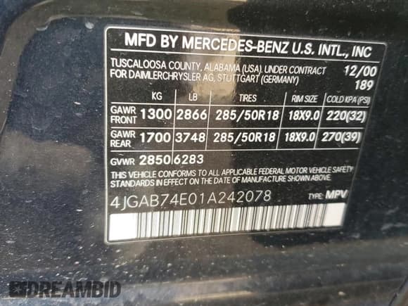 ✅ 2001 Mercedes-Benz M AMG • VIN: 4JGAB74E01A242078 • Лот: 64102894. Опубликован ранее на Copart с пробегом 144 519 миль. Бесплатный доступ к архиву аукционных продаж из США и подробный отчёт об истории автомобиля на DreamBid. Изображение 14.