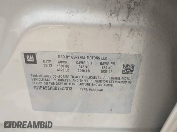 2013 Chevrolet Cruze LS with VIN 1G1PA5SH8D7327313, listed as a IAAI auction lot 42530344 with 147,158 mi miles and . Bid and sale history available at DreamBid. Image 9.