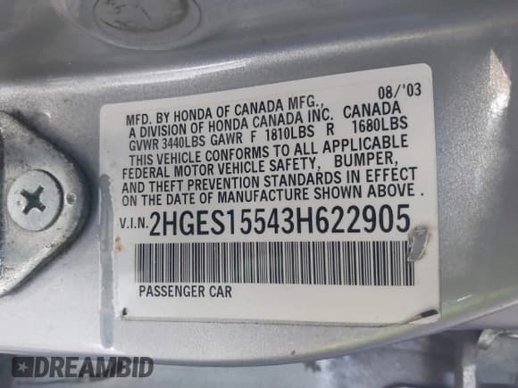 ✅ 2003 Honda Civic LX • VIN: 2HGES15543H622905 • Lot: 43241830. Listed on IAAI with 176,553 mi. Free auction sales archive from the USA and detailed vehicle history report at DreamBid. Image 9.