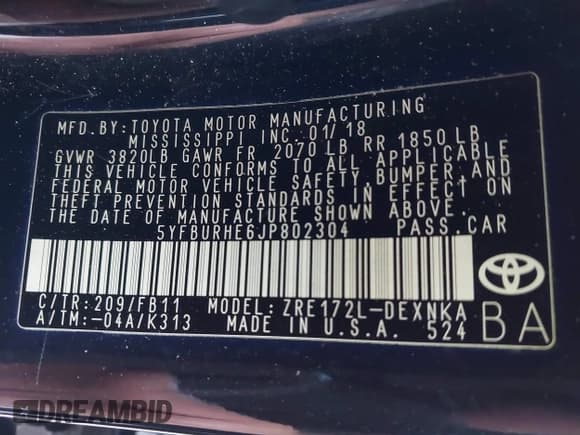 ✅ 2018 Toyota Corolla LE • VIN: 5YFBURHE6JP802304 • Lot: 43575192. Listed on IAAI with 87,309 mi. Free auction sales archive from the USA and detailed vehicle history report at DreamBid. Image 9.