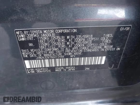 ✅ 2008 Toyota RAV4 Sport • VIN: JTMZK32V786012988 • Lot: 42533058. Listed on IAAI with 207,877 mi. Free auction sales archive from the USA and detailed vehicle history report at DreamBid. Image 9.