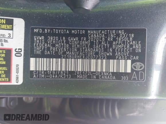 ✅ 2018 Toyota Corolla L • VIN: 2T1BURHEXJC077323 • Lot: 43373637. Listed on IAAI with 40,706 mi. Free auction sales archive from the USA and detailed vehicle history report at DreamBid. Image 9.