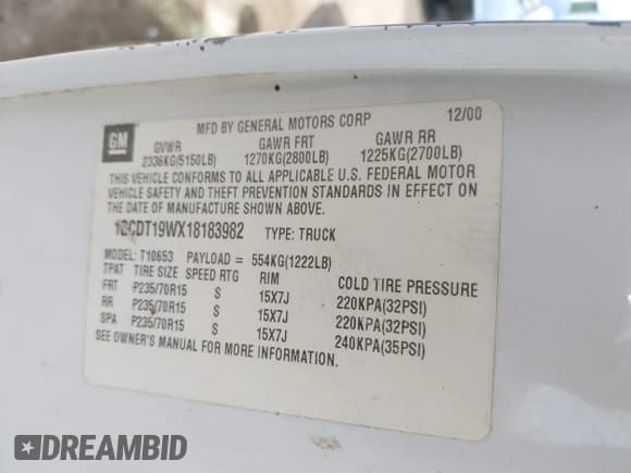 ✅ 2001 Chevrolet S-10 LS • VIN: 1GCDT19WX18183982 • Лот: 41775773. Опубликован ранее на IAAI с пробегом 205 633 миль. Бесплатный доступ к архиву аукционных продаж из США и подробный отчёт об истории автомобиля на DreamBid. Изображение 9.