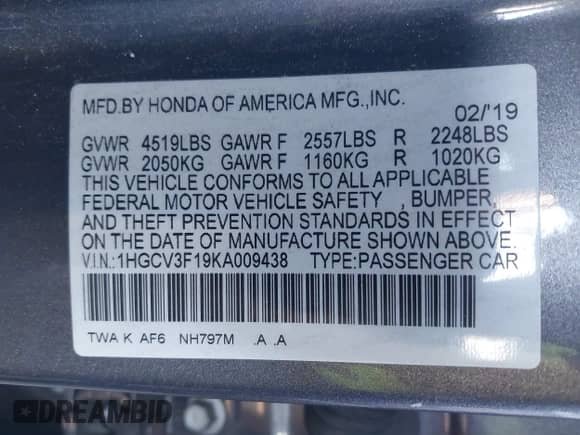 2019 Honda Accord с VIN 1HGCV3F19KA009438, выставлен на аукционе IAAI как лот 43561011 с пробегом 183 327 миль миль и . История ставок и продаж доступна на DreamBid. Изображение 9.