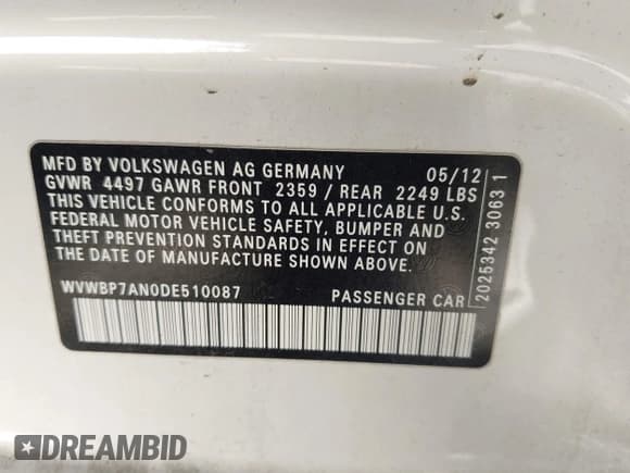 ✅ 2013 Volkswagen CC R-Line • VIN: WVWBP7AN0DE510087 • Lot: 42690806. Listed on IAAI with 125,738 mi. Free auction sales archive from the USA and detailed vehicle history report at DreamBid. Image 9.