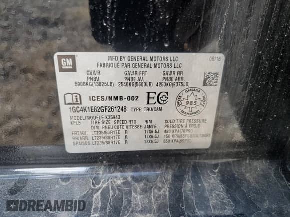 2016 Chevrolet Silverado 3500HD High Country с VIN 1GC4K1E82GF261248, выставлен на аукционе Copart как лот 57474855 с пробегом Не указан миль и Списание • Salvage title. История ставок и продаж доступна на DreamBid. Изображение 12.