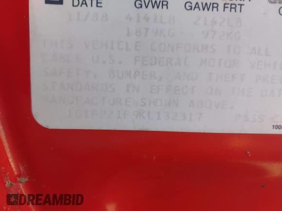 ✅ 1989 Chevrolet Camaro • VIN: 1G1FP21F9KL132317 • Лот: 43680953. Опубликован ранее на IAAI с пробегом 16 301 миль. Бесплатный доступ к архиву аукционных продаж из США и подробный отчёт об истории автомобиля на DreamBid. Изображение 9.