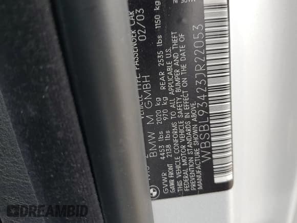 ✅ 2003 BMW 3 Series M3 • VIN: WBSBL93423JR22053 • Lot: 59755355. Wystawiony na Copart z przebiegiem 148 115 mil. Bezpłatny archiwum sprzedaży aukcyjnych z USA i szczegółowy raport historii pojazdu na DreamBid. Zdjęcie 12.