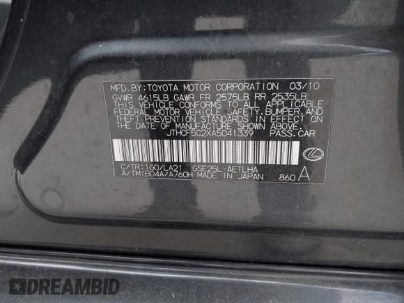 ✅ 2010 Lexus IS 250 • VIN: JTHCF5C2XA5041339 • Lot: 43013906. Wystawiony na IAAI z przebiegiem 210 866 mil. Bezpłatny archiwum sprzedaży aukcyjnych z USA i szczegółowy raport historii pojazdu na DreamBid. Zdjęcie 9.