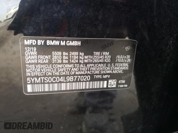 ✅ 2020 BMW X3 M • VIN: 5YMTS0C04L9B77020 • Lot: 82020605. Listed on Copart with Not provided. Free auction sales archive from the USA and detailed vehicle history report at DreamBid. Image 13.