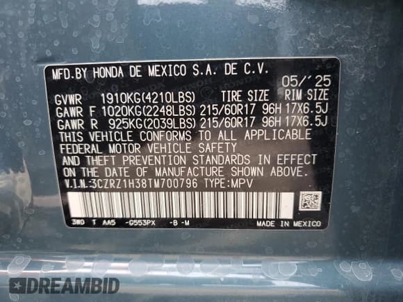 ✅ 2026 Honda HR-V LX • VIN: 3CZRZ1H38TM700796 • Lot: 68045795. Listed on Copart with 1,494 mi. Free auction sales archive from the USA and detailed vehicle history report at DreamBid. Image 13.