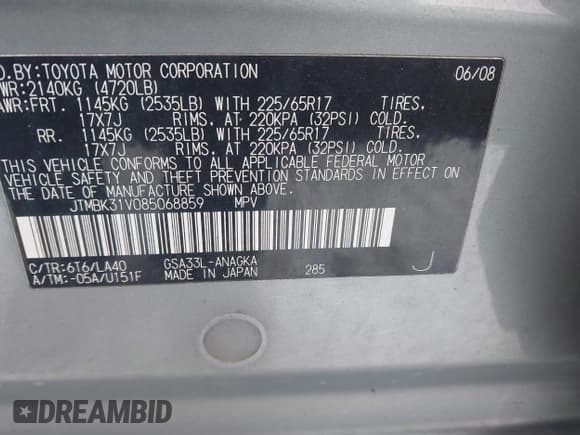 ✅ 2008 Toyota RAV4 Limited • VIN: JTMBK31V085068859 • Lot: 43911448. Listed on IAAI with 211,743 mi. Free auction sales archive from the USA and detailed vehicle history report at DreamBid. Image 9.