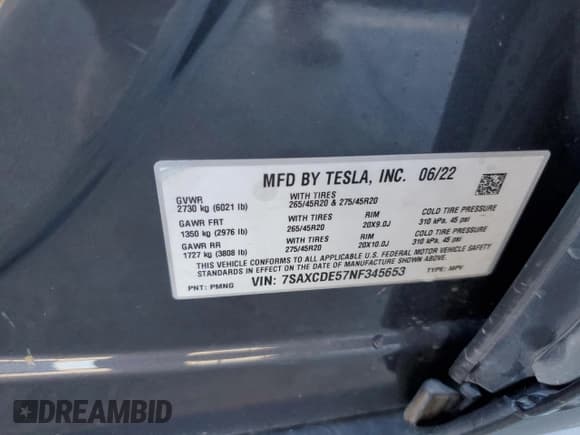 ✅ 2022 Tesla Model X • VIN: 7SAXCDE57NF345653 • Lot: 92273515. Wystawiony na Copart z przebiegiem 39 884 mil. Bezpłatny archiwum sprzedaży aukcyjnych z USA i szczegółowy raport historii pojazdu na DreamBid. Zdjęcie 13.