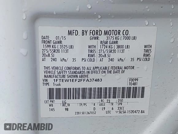 ✅ 2015 Ford F-150 XLT • VIN: 1FTEW1EF2FFA37483 • Lot: 41489382. Listed on IAAI with 117,277 mi. Free auction sales archive from the USA and detailed vehicle history report at DreamBid. Image 9.