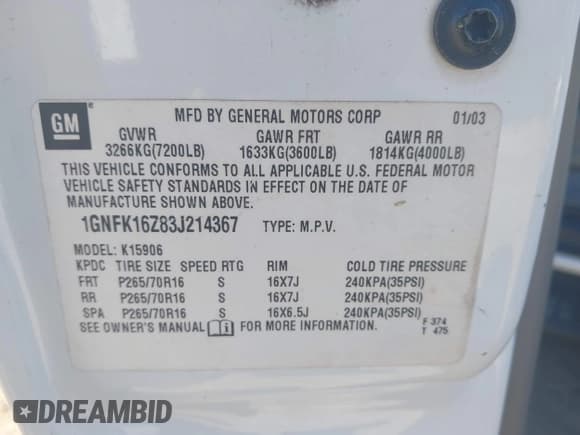 ✅ 2003 Chevrolet Suburban LS • VIN: 1GNFK16Z83J214367 • Lot: 43644547. Listed on IAAI with 139,578 mi. Free auction sales archive from the USA and detailed vehicle history report at DreamBid. Image 9.