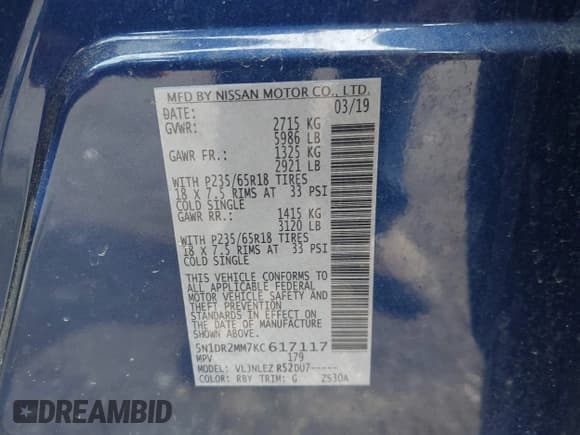 ✅ 2019 Nissan Pathfinder SV • VIN: 5N1DR2MM7KC617117 • Lot: 42342685. Listed on IAAI with 98,013 mi. Free auction sales archive from the USA and detailed vehicle history report at DreamBid. Image 9.