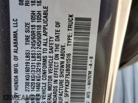 ✅ 2018 Honda Ridgeline RTL-E • VIN: 5FPYK3F79JB001516 • Lot: 68382645. Wystawiony na Copart z przebiegiem 54 485 mil. Bezpłatny archiwum sprzedaży aukcyjnych z USA i szczegółowy raport historii pojazdu na DreamBid. Zdjęcie 12.