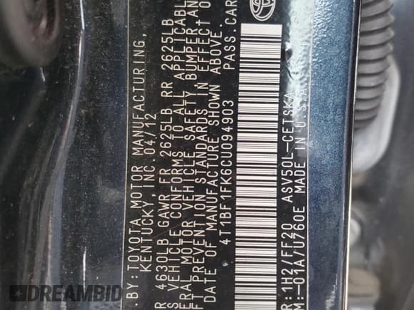 ✅ 2012 Toyota Camry LE • VIN: 4T1BF1FK6CU094903 • Lot: 92574995. Listed on Copart with Not provided. Free auction sales archive from the USA and detailed vehicle history report at DreamBid. Image 12.