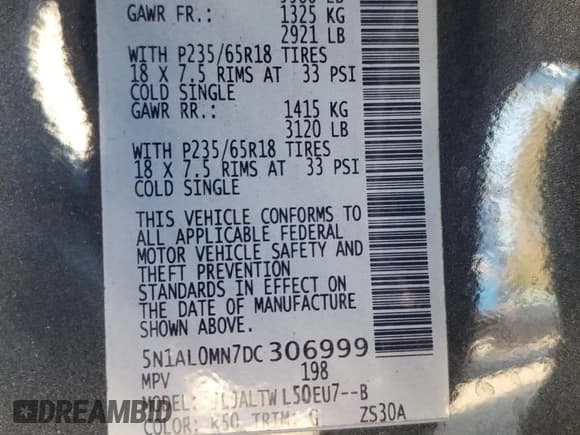 ✅ 2013 Infiniti JX35 • VIN: 5N1AL0MN7DC306999 • Lot: 93500935. Listed on Copart with 112,330 mi. Free auction sales archive from the USA and detailed vehicle history report at DreamBid. Image 13.