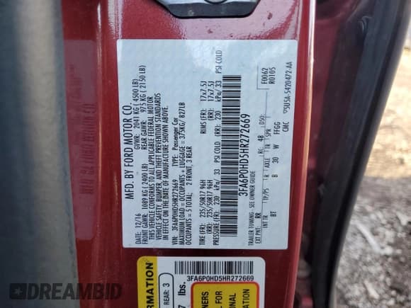 ✅ 2017 Ford Fusion SE • VIN: 3FA6P0HD5HR272669 • Lot: 92448645. Listed on Copart with 100,545 mi. Free auction sales archive from the USA and detailed vehicle history report at DreamBid. Image 12.