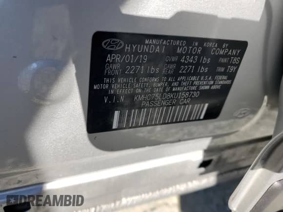 2019 Hyundai Ioniq Limited с VIN KMHC75LD8KU158730, выставлен на аукционе Copart как лот 74250434 с пробегом 40 410 миль миль и Списание • Salvage title. История ставок и продаж доступна на DreamBid. Изображение 12.