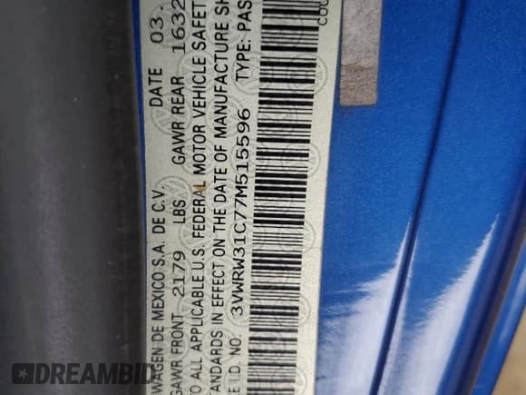 ✅ 2007 Volkswagen Beetle • VIN: 3VWRW31C77M515596 • Lot: 61382865. Listed on Copart with 122,602 mi. Free auction sales archive from the USA and detailed vehicle history report at DreamBid. Image 13.