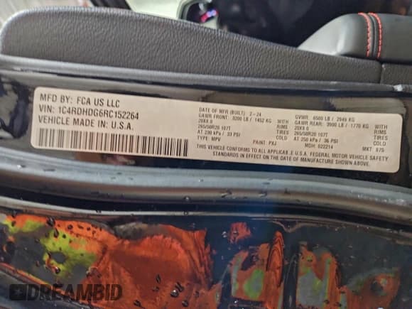 ✅ 2024 Dodge Durango GT • VIN: 1C4RDHDG6RC152264 • Lot: 96839835. Listed on Copart with 55,549 mi. Free auction sales archive from the USA and detailed vehicle history report at DreamBid. Image 13.