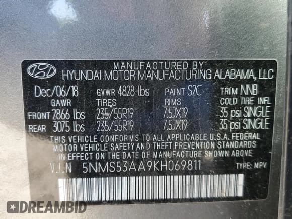 ✅ 2019 Hyundai Santa Fe Limited • VIN: 5NMS53AA9KH069811 • Lot: 48201013. Wystawiony na Copart z przebiegiem 69 572 mil. Bezpłatny archiwum sprzedaży aukcyjnych z USA i szczegółowy raport historii pojazdu na DreamBid. Zdjęcie 13.