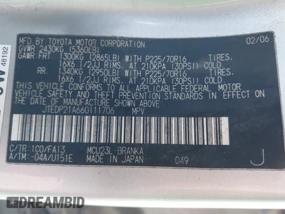 ✅ 2006 Toyota Highlander w/3rd Row • VIN: JTEDP21A660111706 • Лот: 43485322. Опубликован ранее на IAAI с пробегом 242 669 миль. Бесплатный доступ к архиву аукционных продаж из США и подробный отчёт об истории автомобиля на DreamBid. Изображение 9.