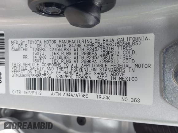 ✅ 2008 Toyota Tacoma PreRunner • VIN: 3TMJU62N78M067532 • Lot: 41718544. Listed on IAAI with 150,220 mi. Free auction sales archive from the USA and detailed vehicle history report at DreamBid. Image 9.