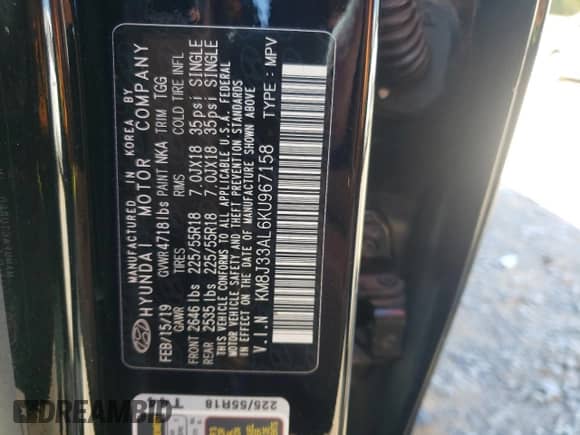 2019 Hyundai Tucson SEL with VIN KM8J33AL6KU967158, listed as a Copart auction lot 90447855 with 54,848 mi miles and Non repairable. Bid and sale history available at DreamBid. Image 14.