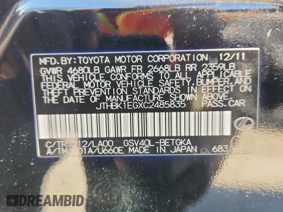 ✅ 2012 Lexus ES 330 • VIN: JTHBK1EGXC2485835 • Lot: 90625805. Wystawiony na Copart z przebiegiem 168 603 mil. Bezpłatny archiwum sprzedaży aukcyjnych z USA i szczegółowy raport historii pojazdu na DreamBid. Zdjęcie 12.