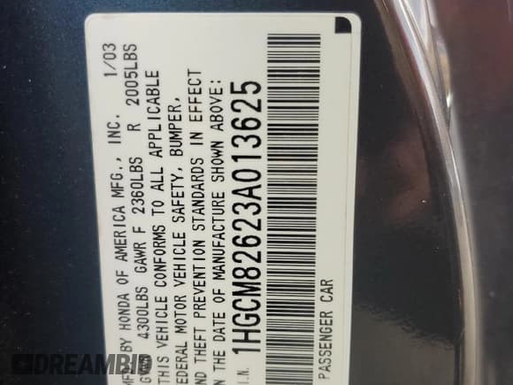 ✅ 2003 Honda Accord EX • VIN: 1HGCM82623A013625 • Lot: 91854205. Listed on Copart with 155,840 mi. Free auction sales archive from the USA and detailed vehicle history report at DreamBid. Image 12.