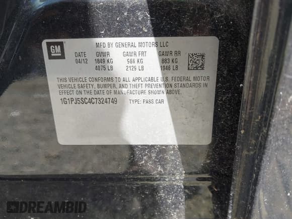 ✅ 2012 Chevrolet Cruze ECO • VIN: 1G1PJ5SC4C7324749 • Lot: 43357188. Listed on IAAI with 170,846 mi. Free auction sales archive from the USA and detailed vehicle history report at DreamBid. Image 9.