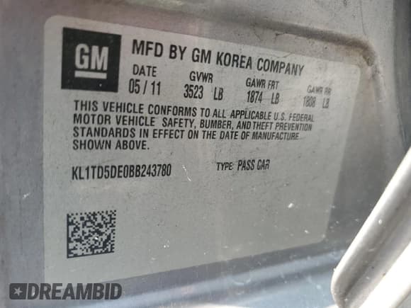 ✅ 2011 Chevrolet Aveo 1LT • VIN: KL1TD5DE0BB243780 • Lot: 54693075. Wystawiony na Copart z przebiegiem 164 997 mil. Bezpłatny archiwum sprzedaży aukcyjnych z USA i szczegółowy raport historii pojazdu na DreamBid. Zdjęcie 12.