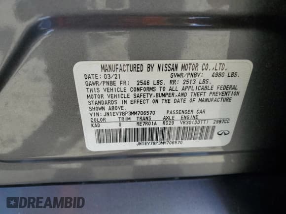 ✅ 2021 Infiniti Q50 Luxe • VIN: JN1EV7BP3MM706570 • Lot: 52813045. Listed on Copart with 13,354 mi. Free auction sales archive from the USA and detailed vehicle history report at DreamBid. Image 13.