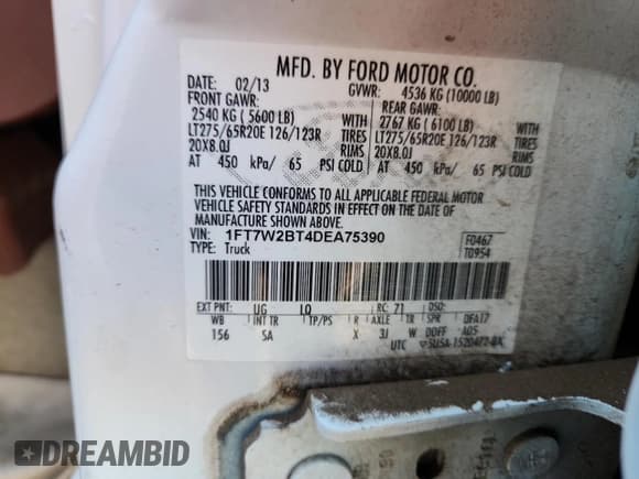 ✅ 2013 Ford F-250 Lariat • VIN: 1FT7W2BT4DEA75390 • Lot: 82786565. Listed on Copart with 138,921 mi. Free auction sales archive from the USA and detailed vehicle history report at DreamBid. Image 12.