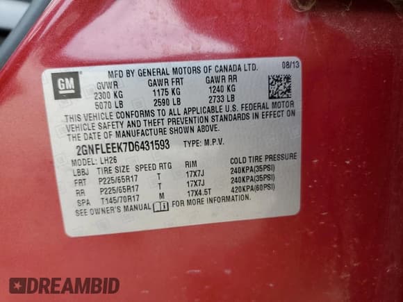 ✅ 2013 Chevrolet Equinox LT • VIN: 2GNFLEEK7D6431593 • Лот: 59026345. Опубликован ранее на Copart с пробегом 79 507 миль. Бесплатный доступ к архиву аукционных продаж из США и подробный отчёт об истории автомобиля на DreamBid. Изображение 14.