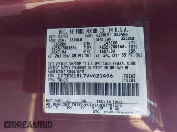 ✅ 1997 Ford F-150 XL • VIN: 1FTEX18L7VNC21496 • Lot: 43189746. Listed on IAAI with 123,750 mi. Free auction sales archive from the USA and detailed vehicle history report at DreamBid. Image 9.