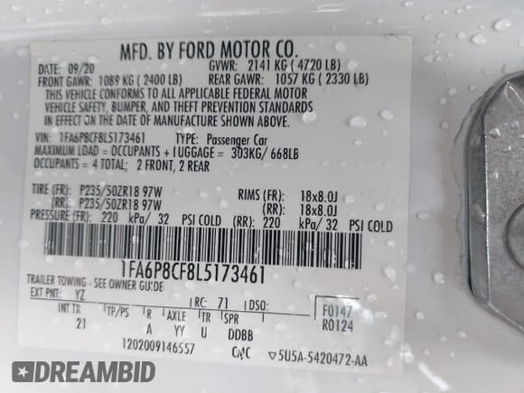 ✅ 2020 Ford Mustang GT • VIN: 1FA6P8CF8L5173461 • Lot: 43496554. Listed on IAAI with 33,679 mi. Free auction sales archive from the USA and detailed vehicle history report at DreamBid. Image 9.