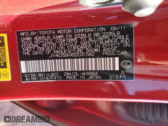 ✅ 2011 Lexus CT 200h • VIN: JTHKD5BHXB2031582 • Lot: 82725435. Listed on Copart with 288,910 mi. Free auction sales archive from the USA and detailed vehicle history report at DreamBid. Image 12.