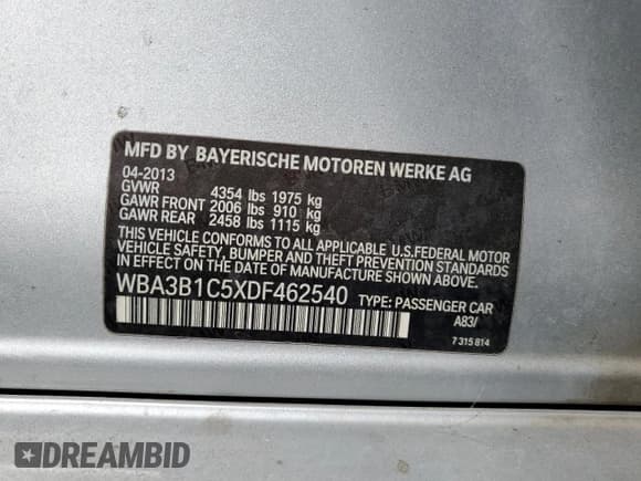 ✅ 2013 BMW 3 Series 320i • VIN: WBA3B1C5XDF462540 • Lot: 80961565. Listed on Copart with 149,228 mi. Free auction sales archive from the USA and detailed vehicle history report at DreamBid. Image 12.