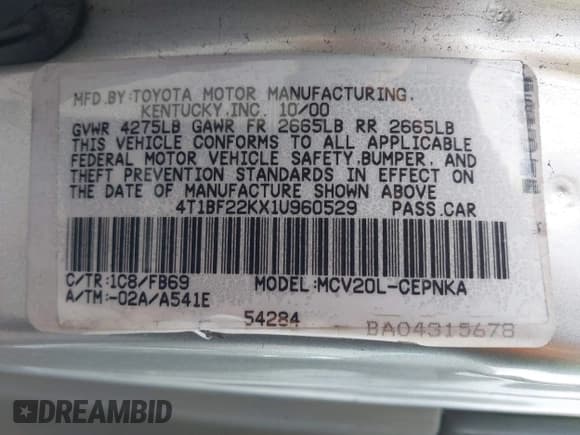 ✅ 2001 Toyota Camry LE • VIN: 4T1BF22KX1U960529 • Lot: 43796860. Listed on IAAI with 191,713 mi. Free auction sales archive from the USA and detailed vehicle history report at DreamBid. Image 9.