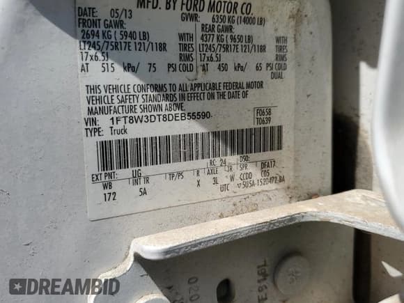 ✅ 2013 Ford F-350 XL • VIN: 1FT8W3DT8DEB55590 • Lot: 83834695. Wystawiony na Copart z przebiegiem 296 385 mil. Bezpłatny archiwum sprzedaży aukcyjnych z USA i szczegółowy raport historii pojazdu na DreamBid. Zdjęcie 12.