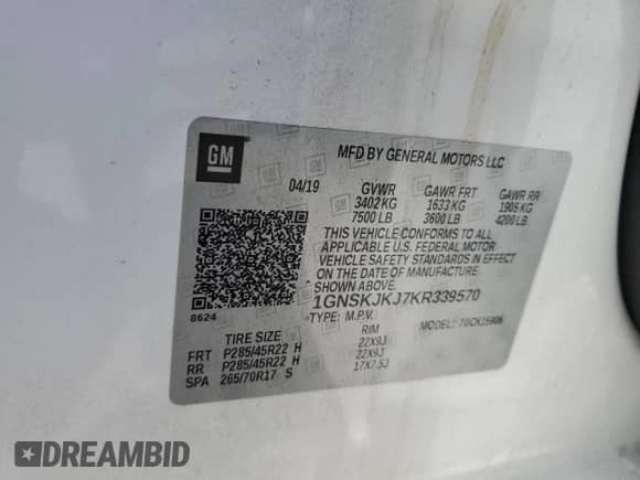 2019 Chevrolet Suburban Premier с VIN 1GNSKJKJ7KR339570, выставлен на аукционе Copart как лот 60350984 с пробегом 114 689 миль миль и На запчасти • Non repairable. История ставок и продаж доступна на DreamBid. Изображение 13.