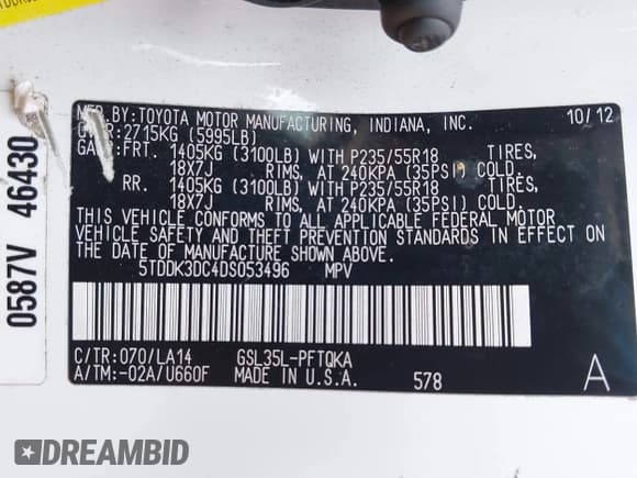 ✅ 2013 Toyota Sienna XLE • VIN: 5TDDK3DC4DS053496 • Lot: 42824206. Listed on IAAI with 246,912 mi. Free auction sales archive from the USA and detailed vehicle history report at DreamBid. Image 9.