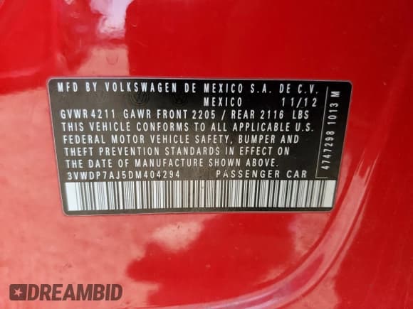 ✅ 2013 Volkswagen Jetta SE • VIN: 3VWDP7AJ5DM404294 • Lot: 50503195. Listed on Copart with 176,278 mi. Free auction sales archive from the USA and detailed vehicle history report at DreamBid. Image 12.