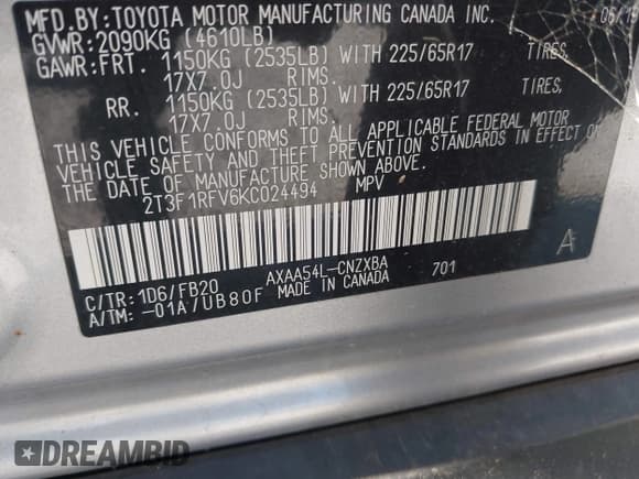 ✅ 2019 Toyota RAV4 LE • VIN: 2T3F1RFV6KC024494 • Лот: 43218464. Опубликован ранее на IAAI с пробегом 119 663 миль. Бесплатный доступ к архиву аукционных продаж из США и подробный отчёт об истории автомобиля на DreamBid. Изображение 9.