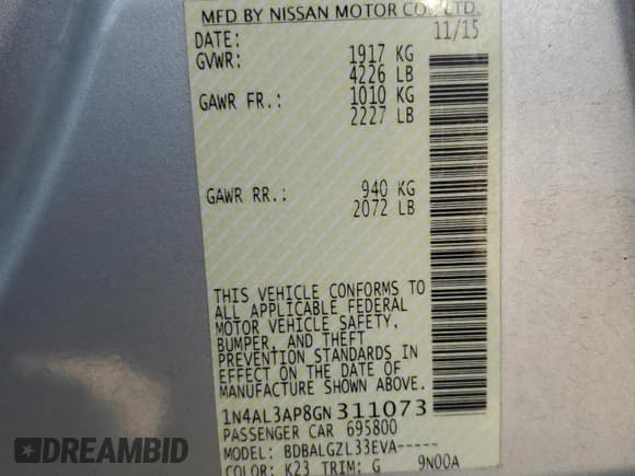 ✅ 2016 Nissan Altima SR • VIN: 1N4AL3AP8GN311073 • Lot: 81473195. Listed on Copart with 111,136 mi. Free auction sales archive from the USA and detailed vehicle history report at DreamBid. Image 12.